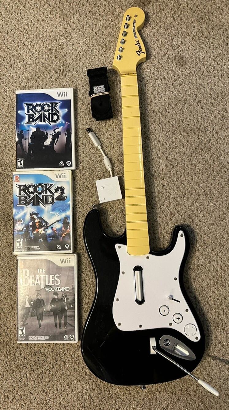 Nintendo Wii Rock Band Guitar w Dongle Strap 1 2 Games RockBand Beatles Tested